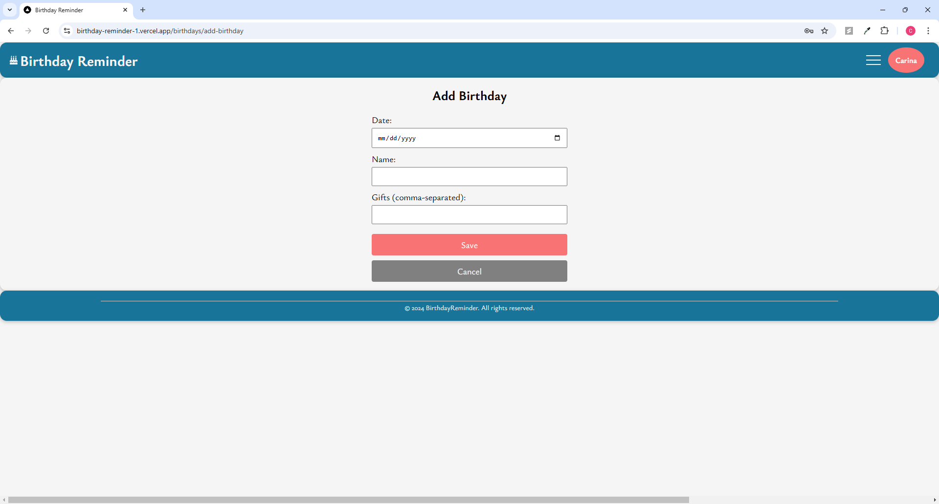 Form interface allowing users to add new birthdays with details like name, date, and gift ideas.