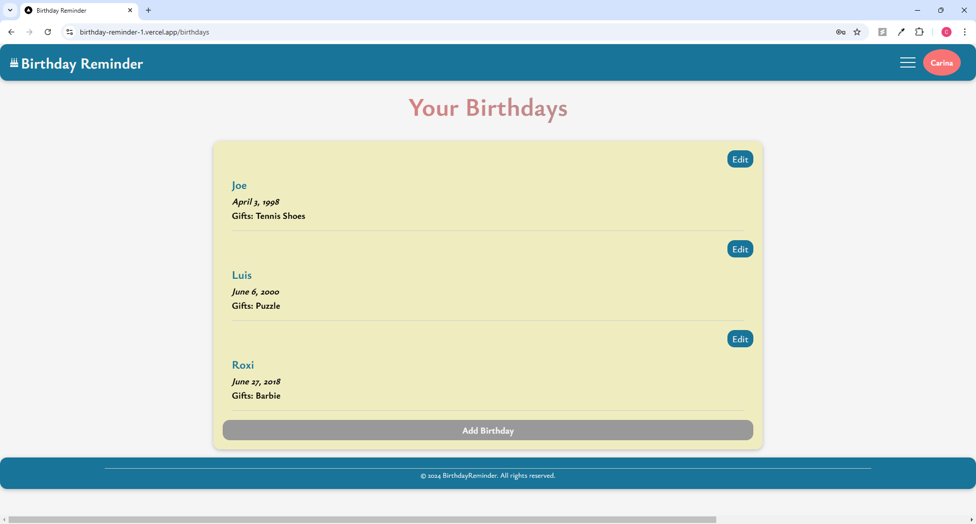 Displays a list of all added birthdays, with options for editing or updating individual entries.