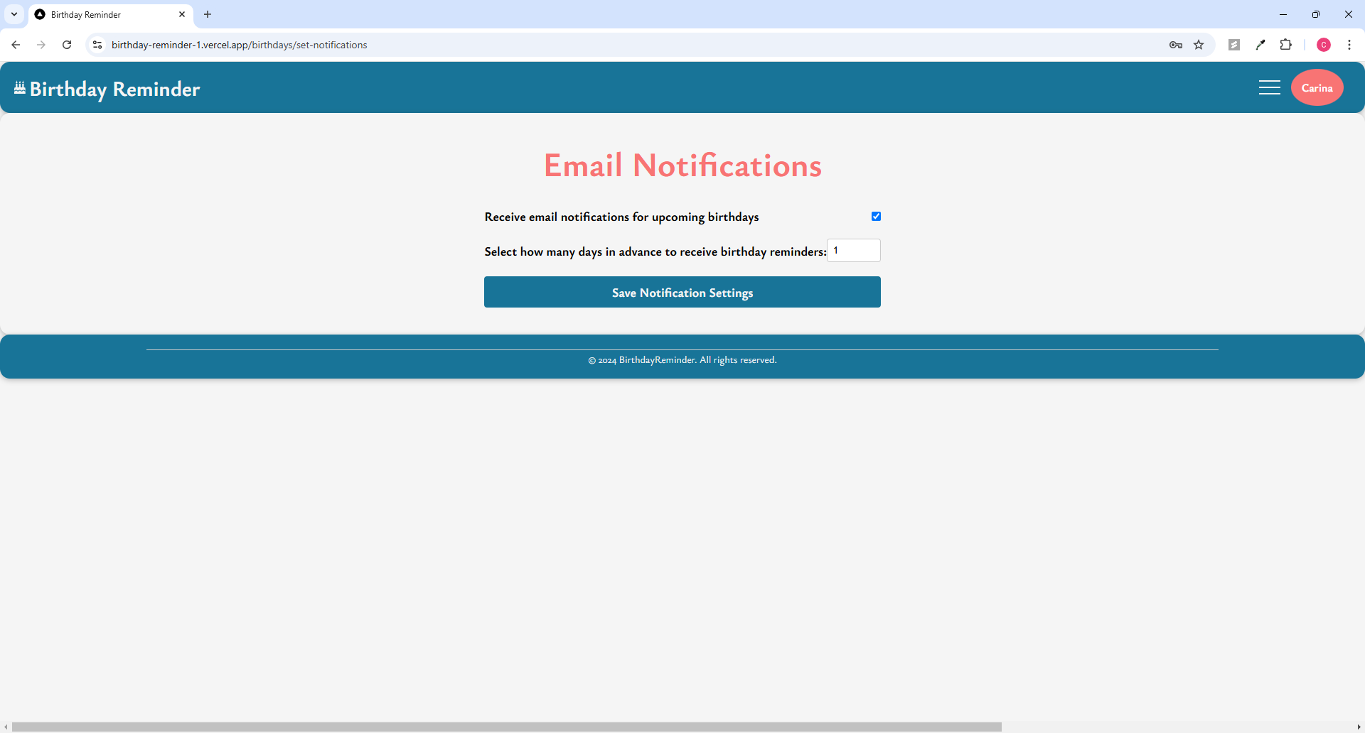 Settings page where users customize email reminders, selecting notification preferences.