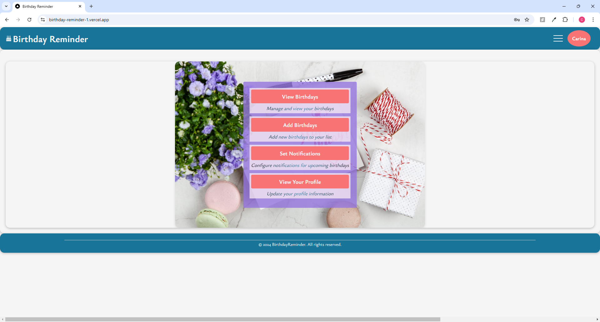 Displays the personalized dashboard for logged-in users, with access to birthday management features.