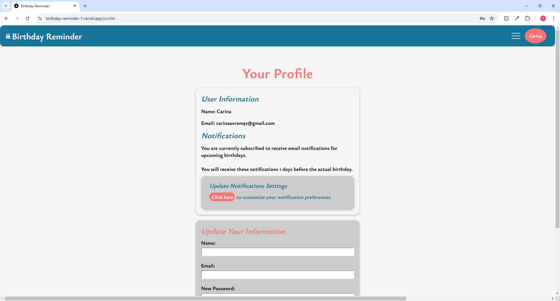 Profile settings interface, allowing users to update personal details such as name, email and password.